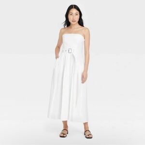 NEW NWT A New Day Women White Belted Pleated Midi Tube Bandeau Dress Size 6